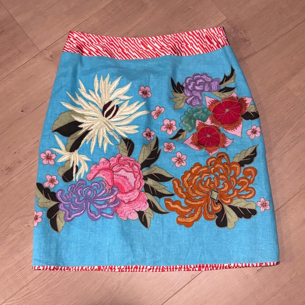 Etcetera Linen rayon Floral Embroidered turquoise blue Skirt sz 2 lined zipper